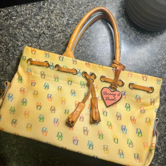 Vintage Dooney & Bourke Yellow Multicolor Logo Tote - Picture 1 of 16